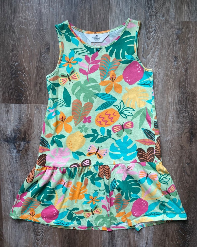 H&M green floral forest or jungle drop waist dress~girl's 8 to 10~sleeveless