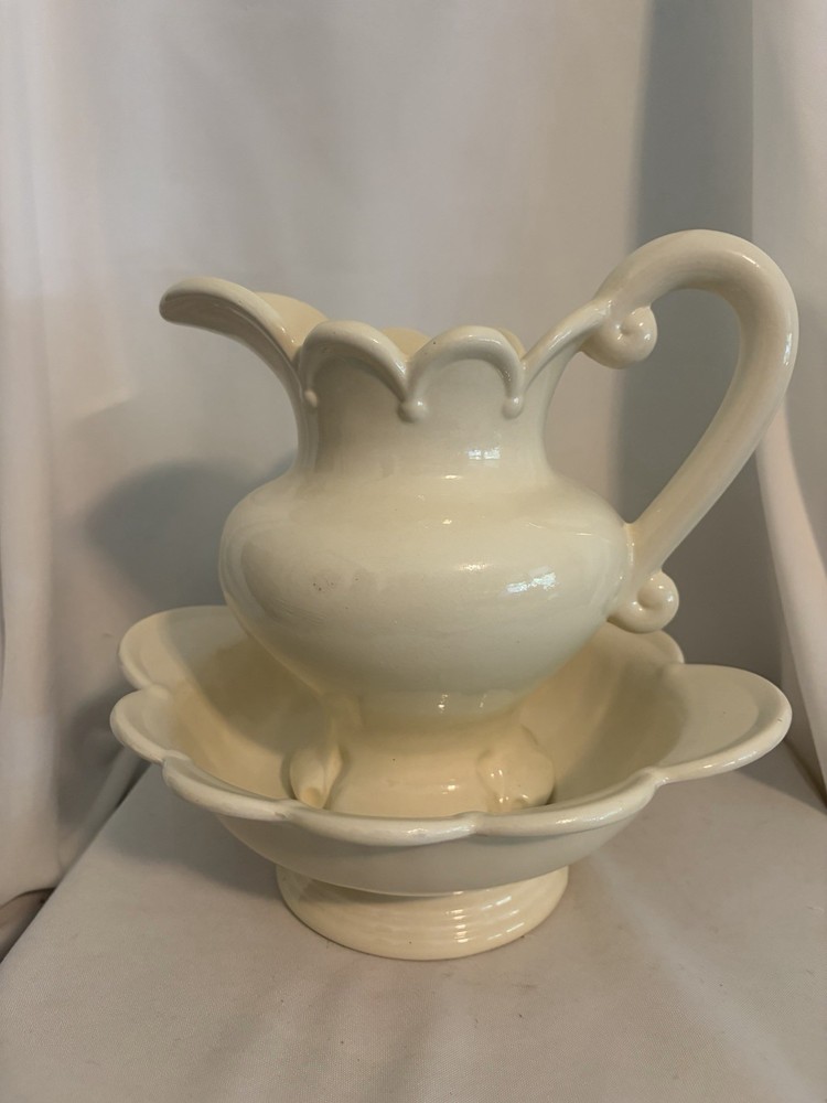 Vintage Ceramic Pitcher and Basin Bowl White Scalloped