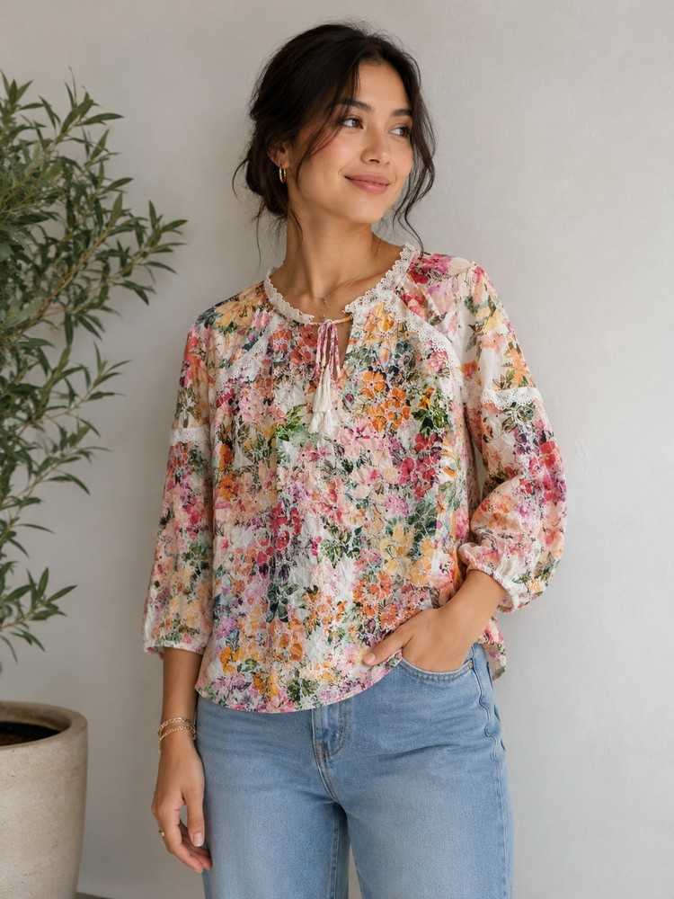 Cupio Floral Embroidered Lace Sheer Blouse Long Sleeve Tie Multicolor XL