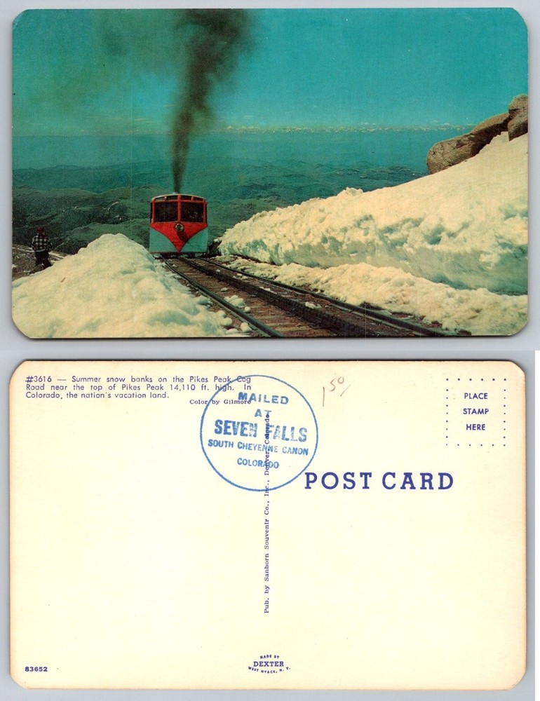 Pikes Peak Cog Railway Train Colorado Summer Snow Banks Postcard Dexter Chrome
