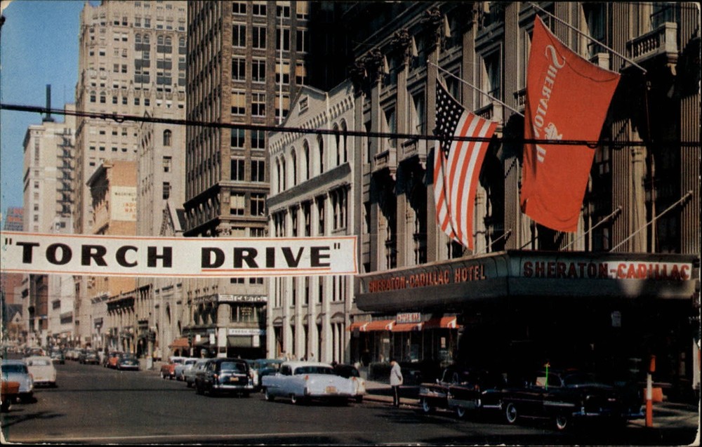 Sheraton Cadillac Hotel Washington Blvd Detroit MI vintage cars ~ 1950s-60s