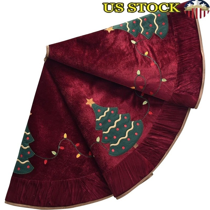 Embroidered Velvet Christmas Tree Skirt Round Durable Holiday Decor Gift New