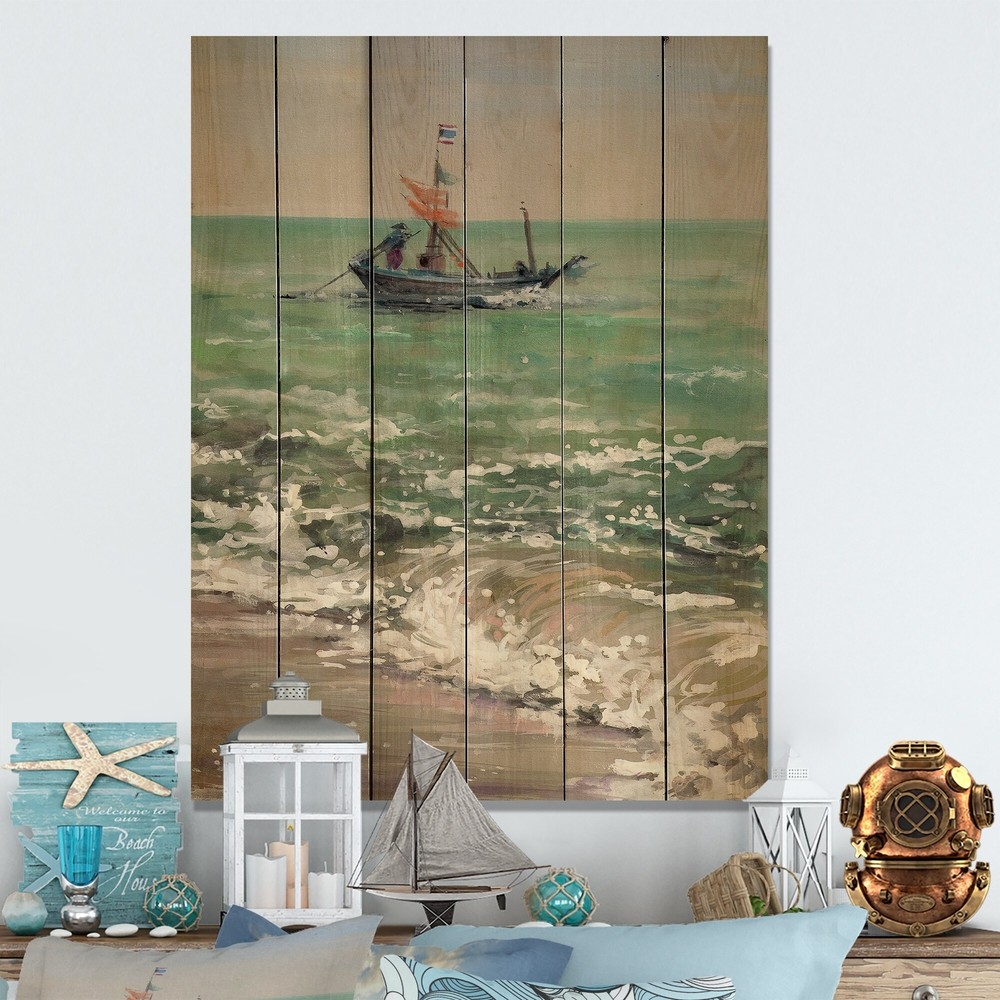 Designart 'Fishing Boat In Green Coastal' Nautical & Coastal