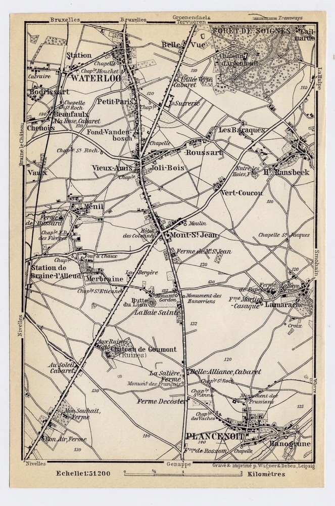 1910 Antique Map Of Vicinity Of Waterloo Plancenoit / Walloon Brabant / Belgium