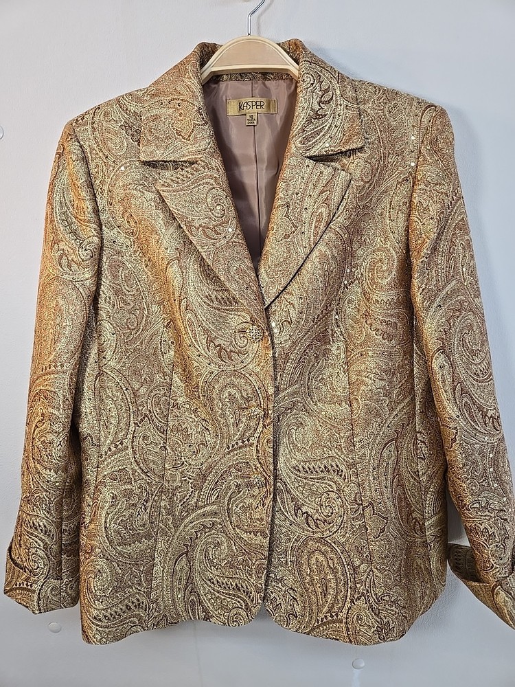 NWOT Kasper Women's Sequined Gold Blazer Size 10 Jacquard Print Rhinestone...