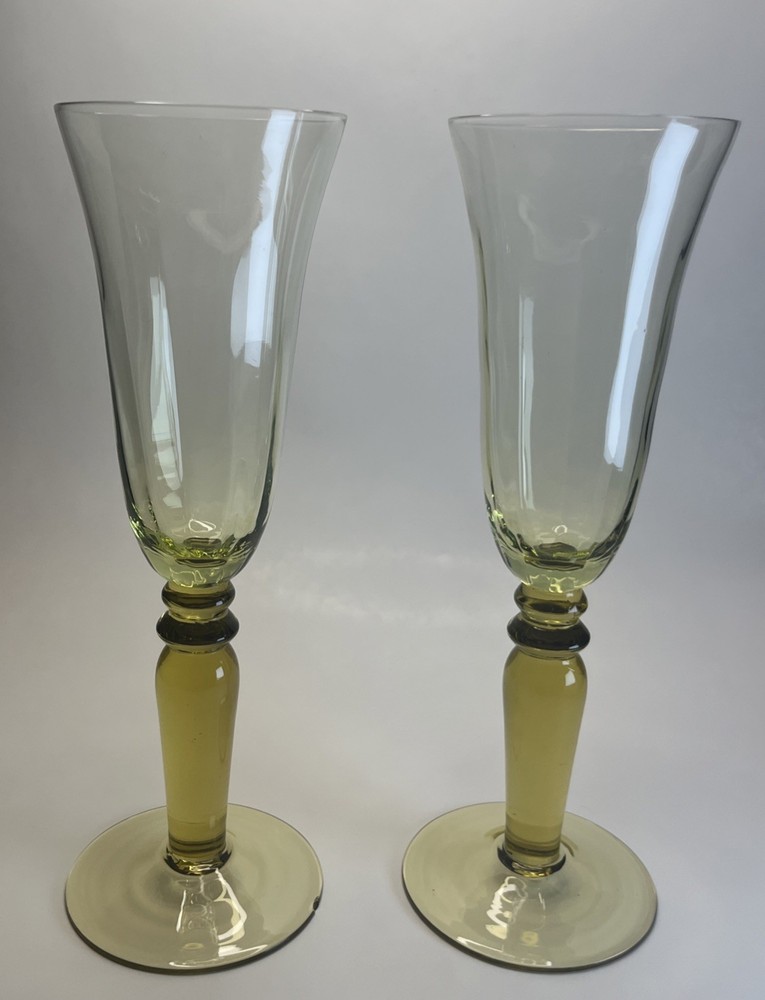 Vtg Peridot Green Blown Glass Champagne Flutes Set (2) Hand Blown Amber Stem