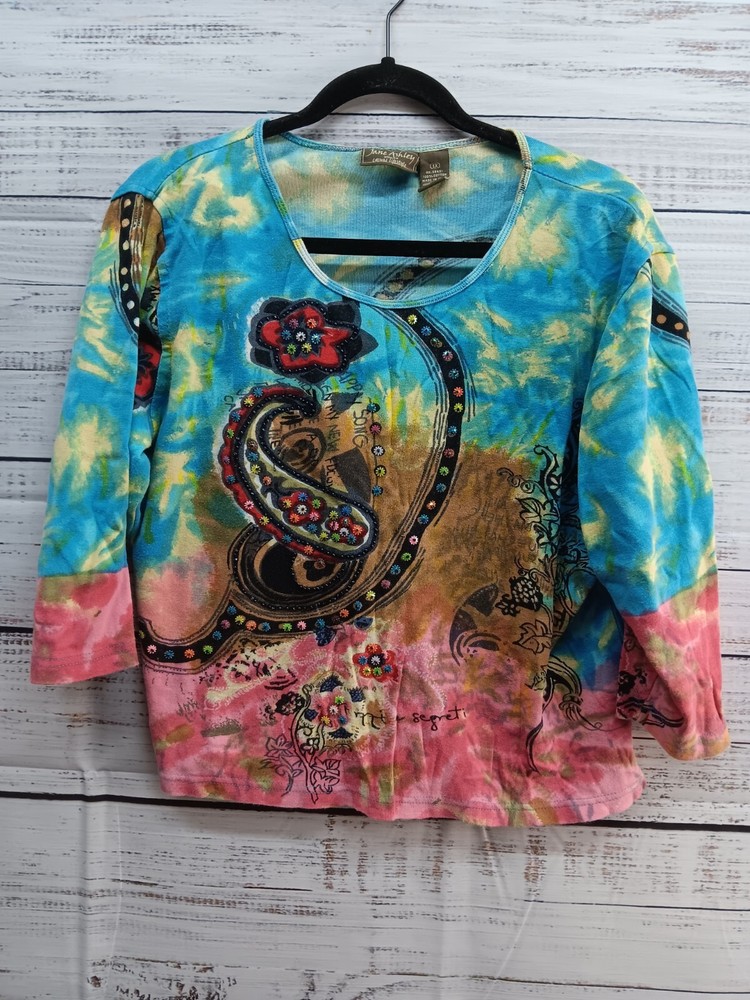 Jane Ashley Blouse Top Women's Size 1X Knit 3/4 Sleeve Parsley Artsy Casual