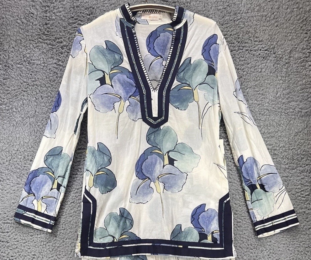Tory Burch Iris Embroidered Tunic Shirt Size 6 Floral V Neck Navy Trim Cotton