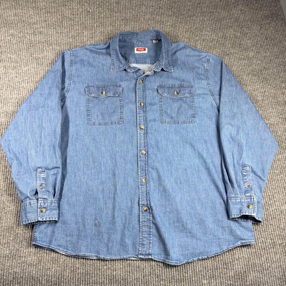 Wrangler Shirt Mens 2XL Blue Long Sleeve Denim Button Up Work Dual Pocket Cotton