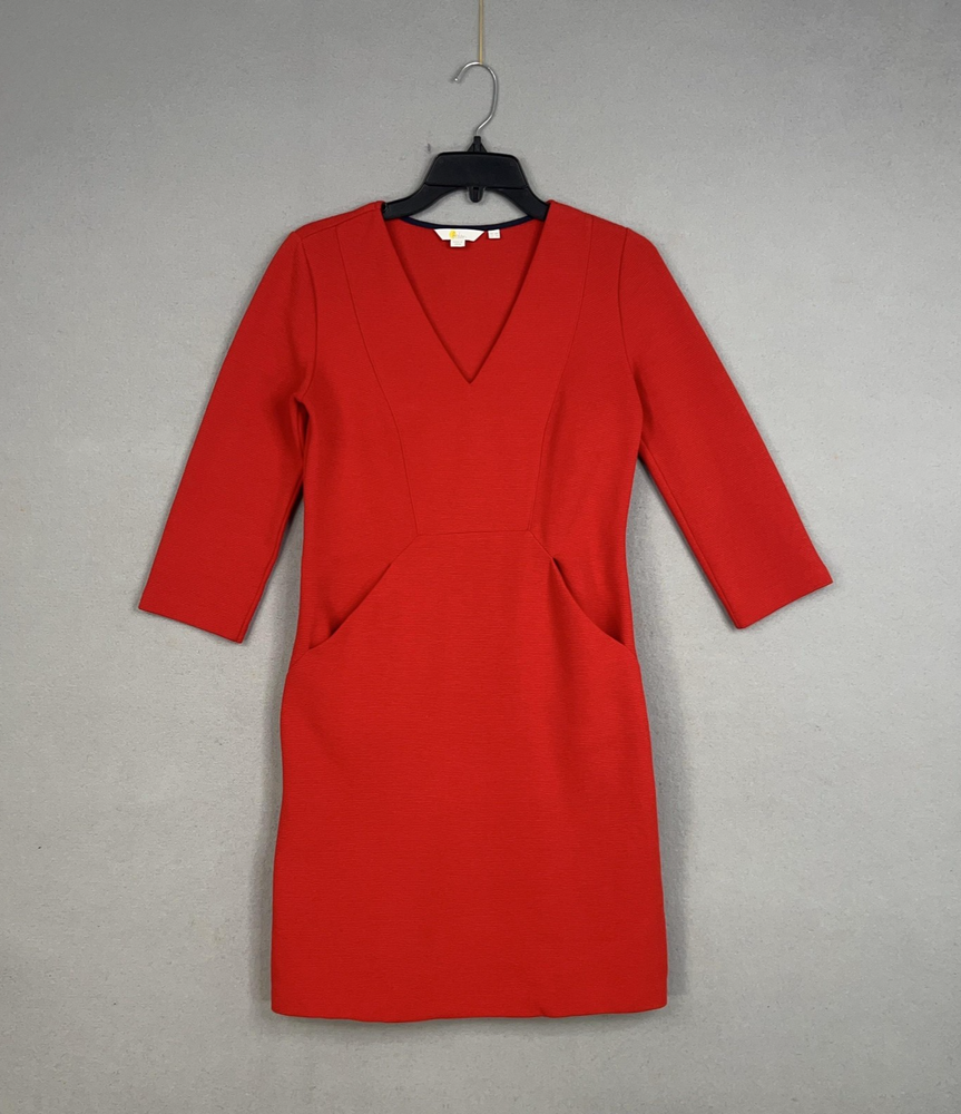 Boden Dress Womens 2 Red V Neck  Ottoman Rib Pockets Minimal Quiet Luxury Office