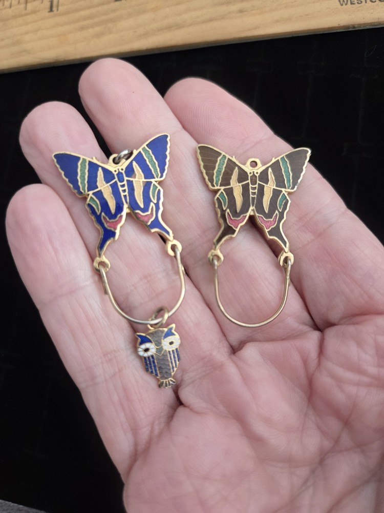 Vintage Cloisonne Charm Holder Pendant Lot Blue Butterfly Brown Owl