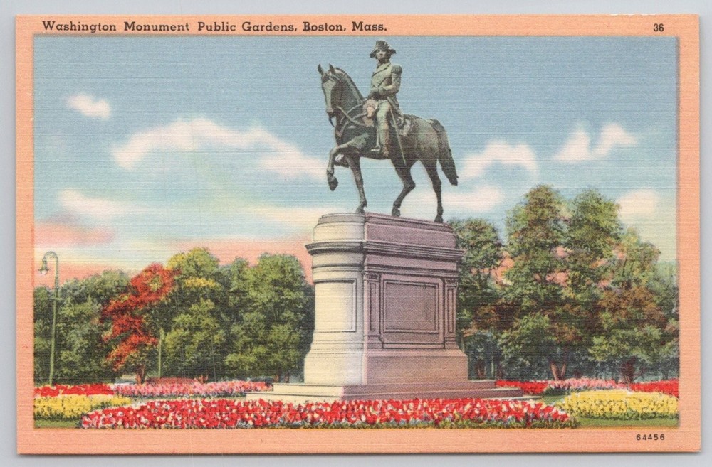 Washington Monument Equestrian Statue Boston Public Garden Linen Postcard