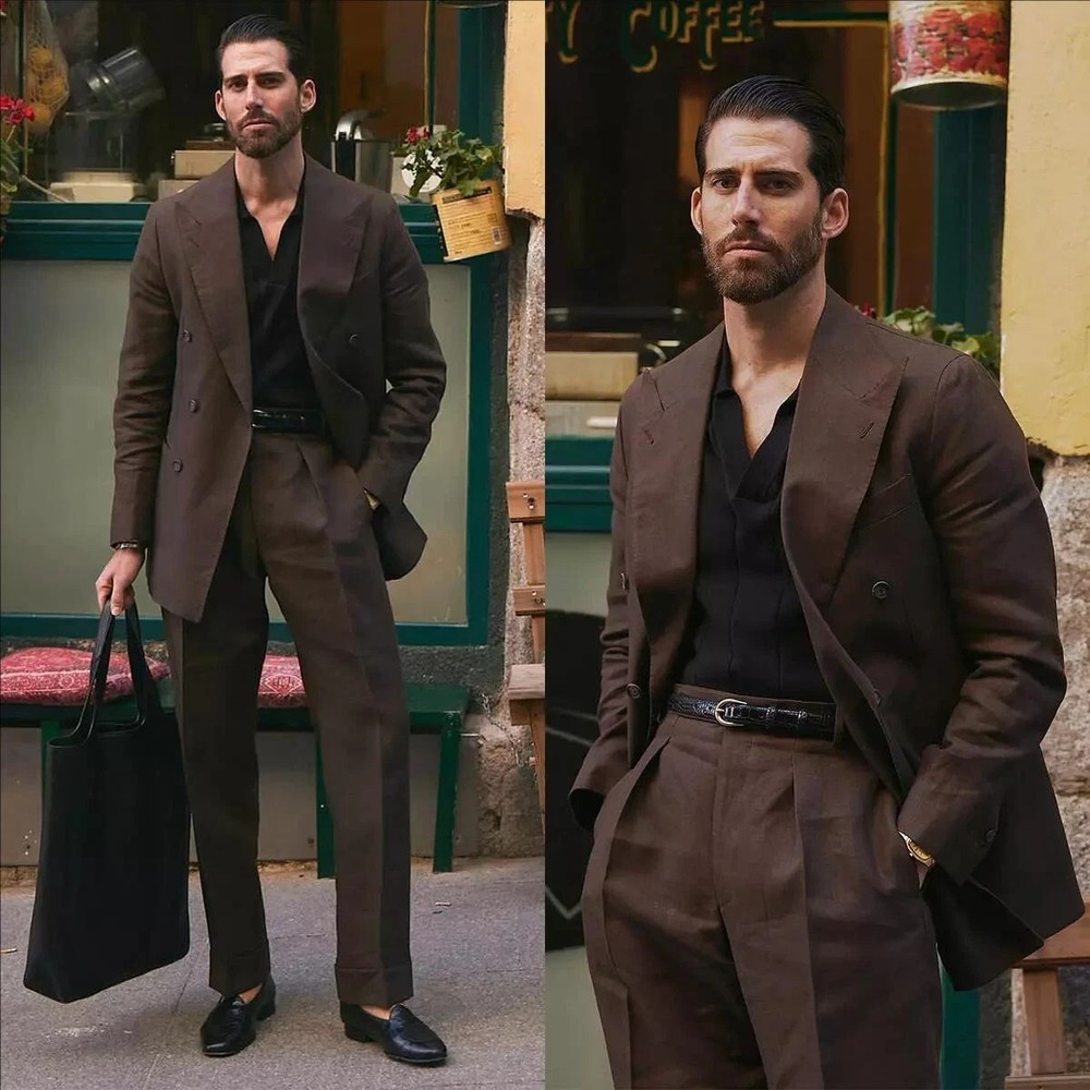 Men's Brown Double Breasted Peak Lapel Business Groom Prom Tuxedo Wedding Suit