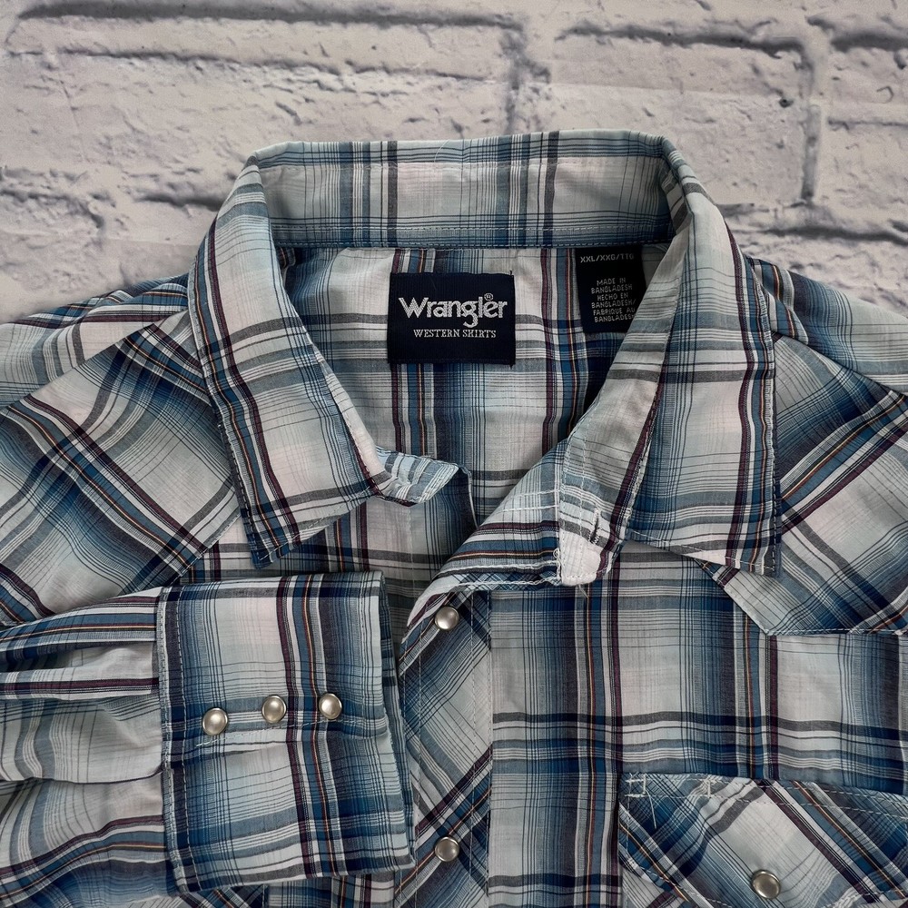 Wrangler Mens Size XXL 2XL Pearl Snap Long Sleeve Western Rodeo Shirt Blue Plaid