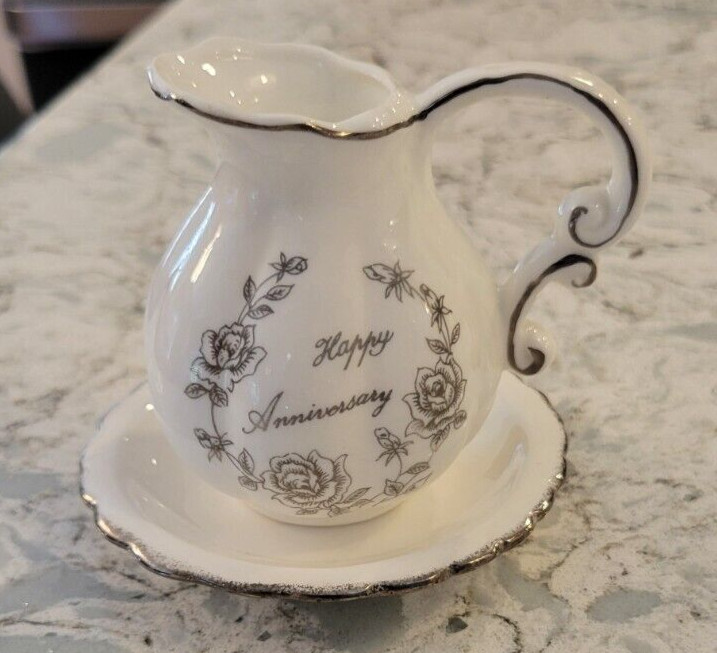 Vintage Happy Anniversary Bone China Floral Creamer Pitcher & Plate White Taiwan
