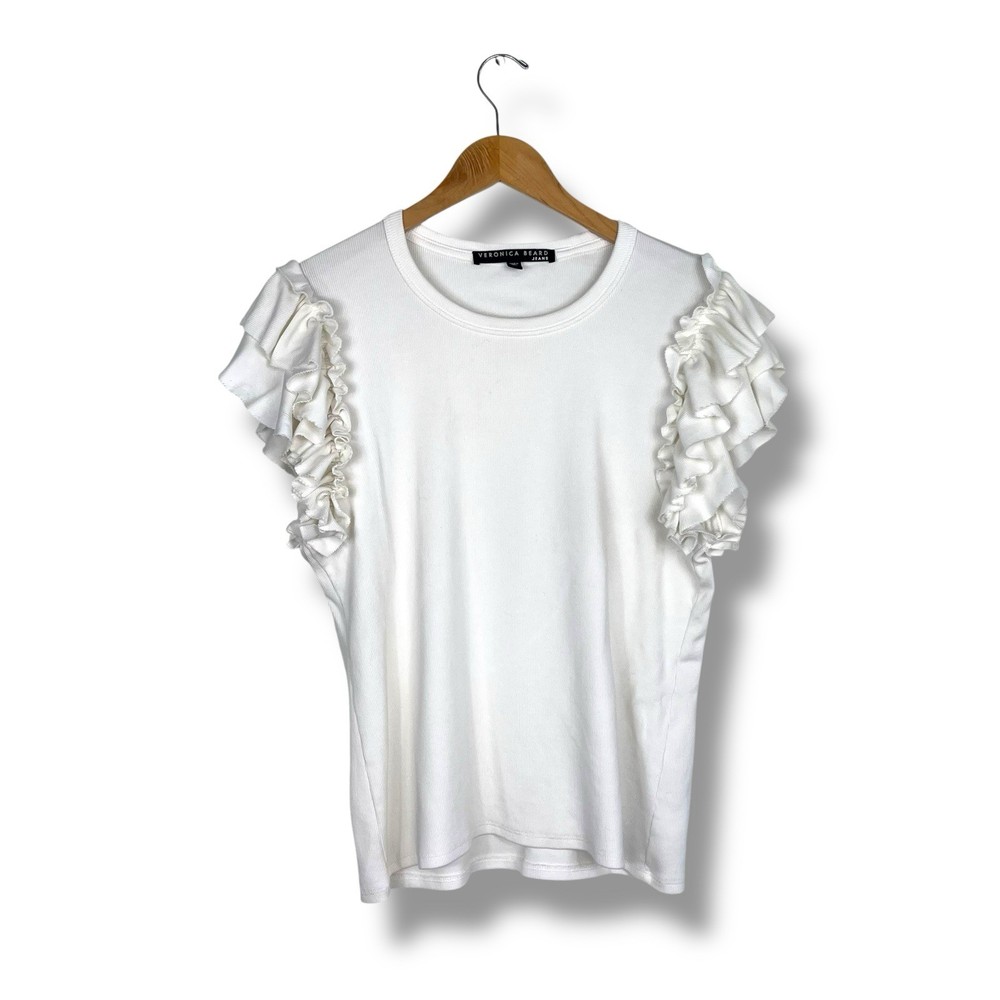 VERONICA BEARD Pima Cotton Blend White Ruffle Ribbed Top XL Elevated Basics