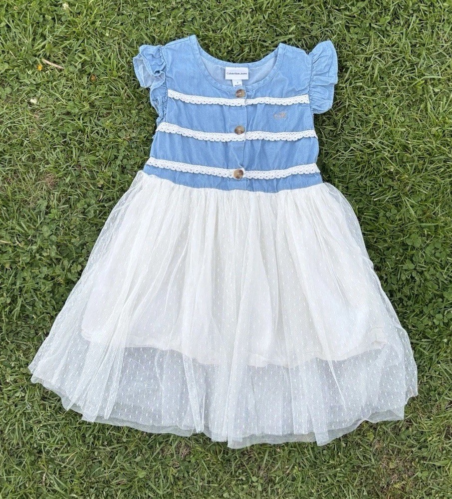 Calvin Klein Girls Dress Tulle Skirt Size 7 Denim Ruffle Sleeves Buttons Spring
