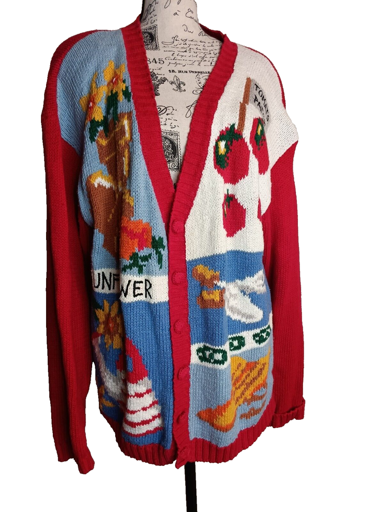 Vtg. Alexandra Bartlett Large Cardigan Sweater Garden Patchwork Sunflower Tomato