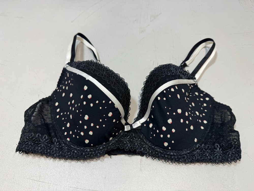 Passionata Bra Underwired Padded Lace Trim Printed Bra Size 36D Black