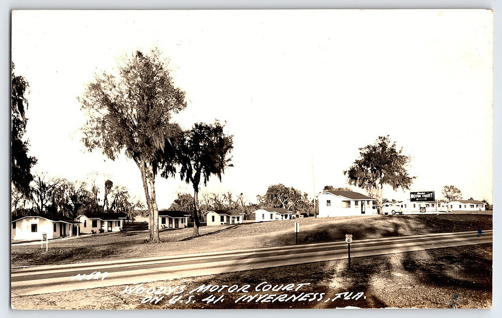 Inverness Florida FL Woody's Motor Court Motel Sign Car Vintage Photo Postcard