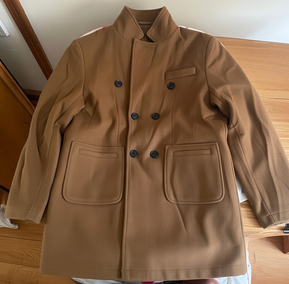Brown double breasted coat mens small tailored polyester winter