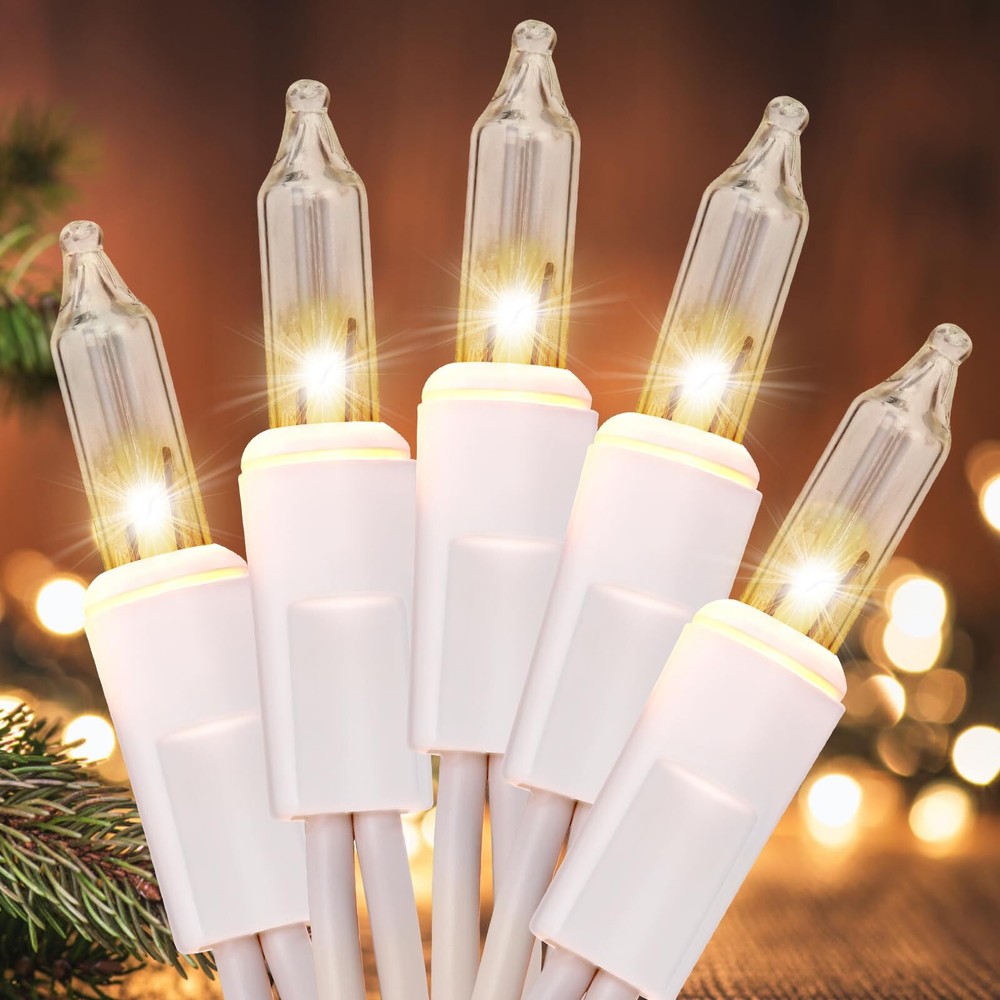 Meteds Christmas Lights 50 Count Clear Mini Lights White Wire UL Certified Co...