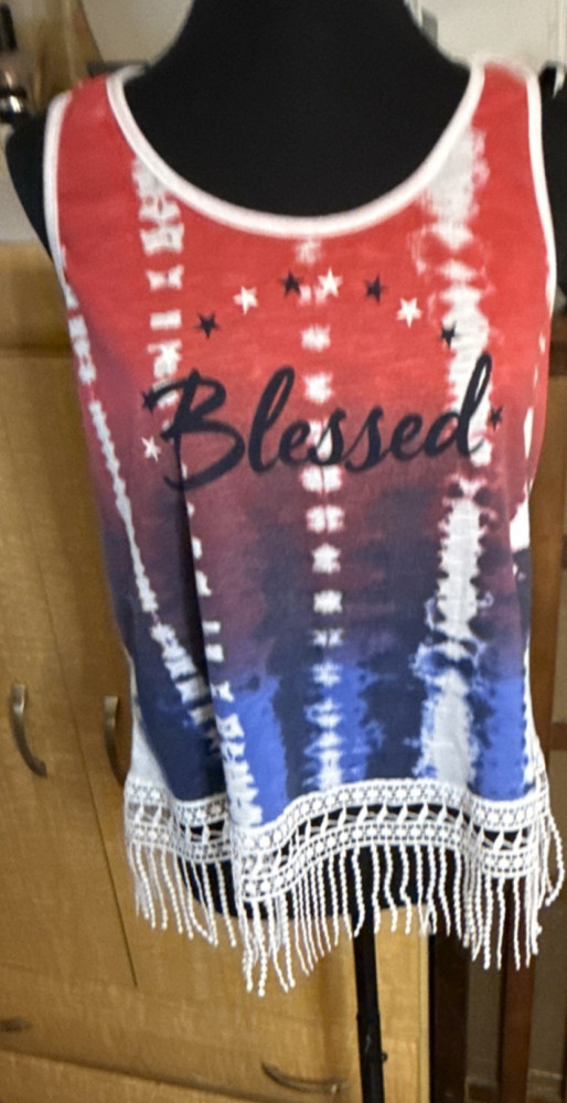 Celebrate! Girls Patriotic Tie-Dye Tank XL/XG (15-17) Fringe Racerback
