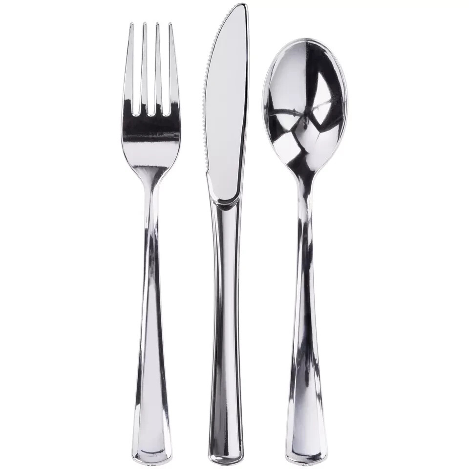 300 Plastic Silverware Set - 100 Silver Plastic Cutlery - Plastic Silverware ...