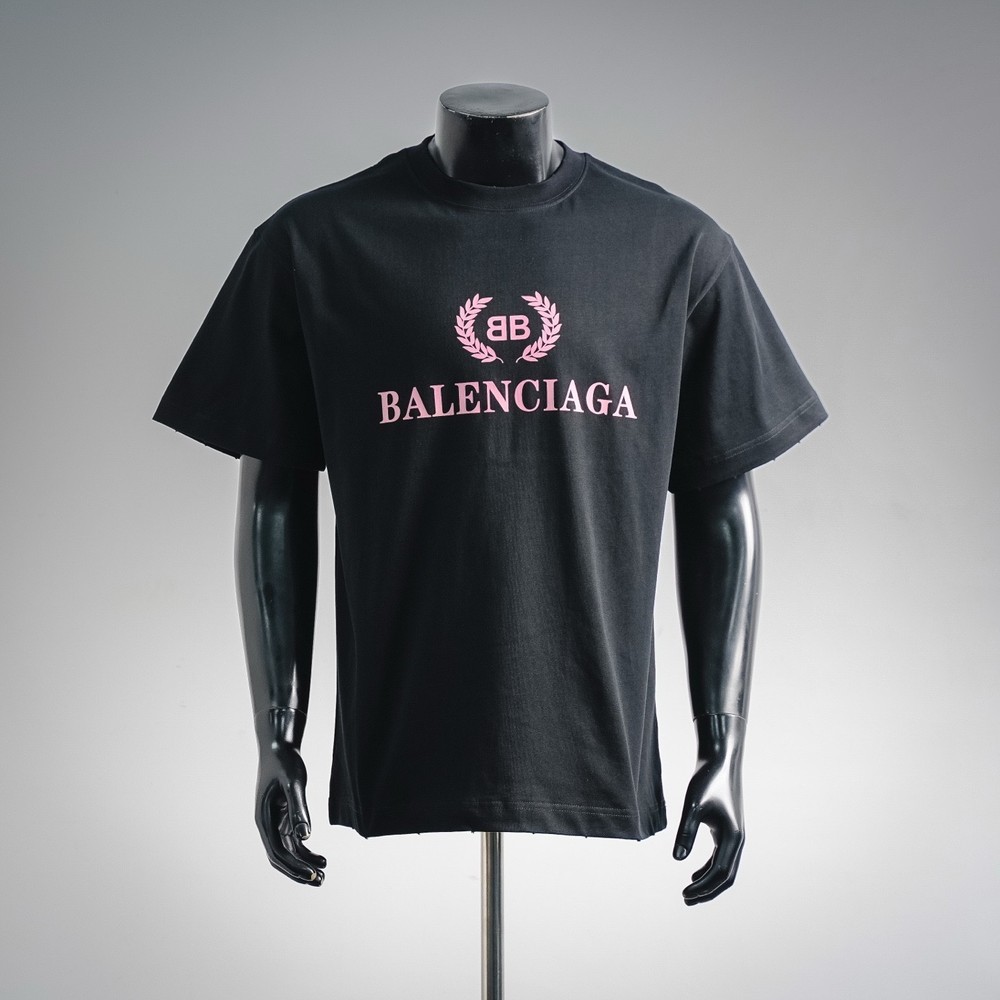 Balenciaga Black Pink Logo T-Shirt BB Laurel Graphic Short Sleeve Men’s