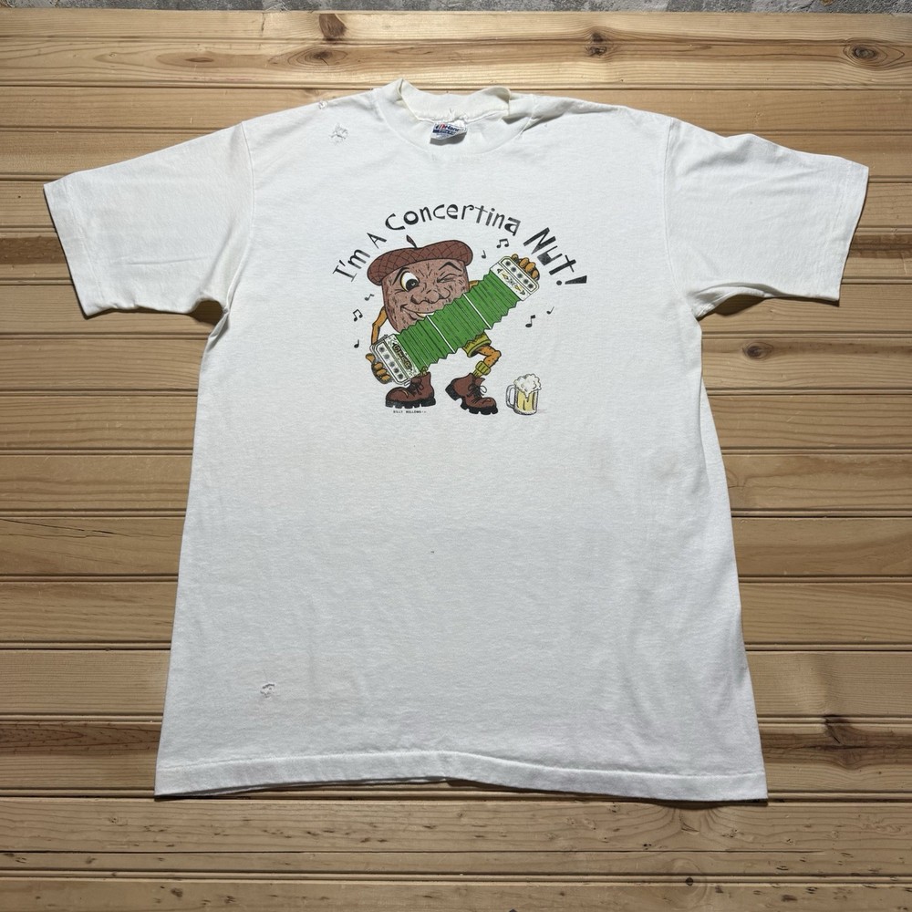 Vintage 80s Thrashed Concertina Nut Accordion Cartoon Billy Bellows Shirt Large