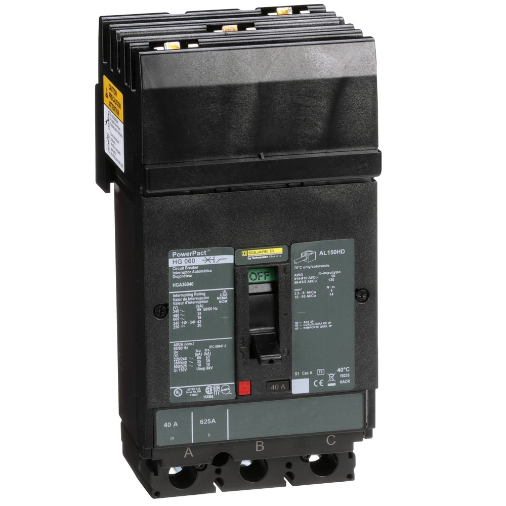 Square D HGA36040 - MCCB 40A 3P 600VAC 18kA - Molded Case Circuit Breaker