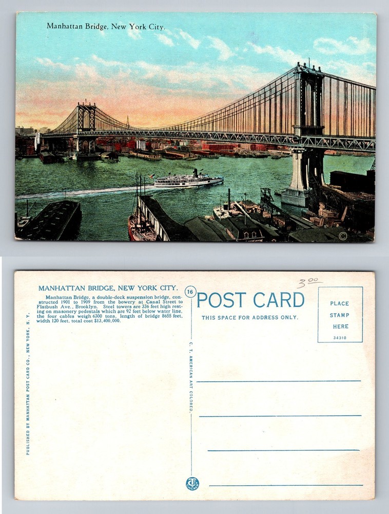 Manhattan Bridge, NY-New York, East River Ferry Boats Vintage Postcard