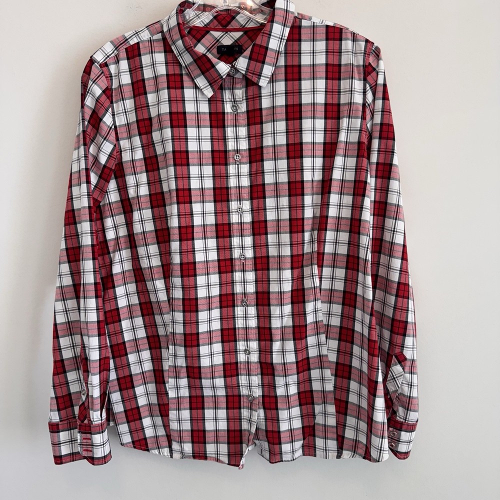 Talbots Women's Button Down Blouse Size 16 Cotton Stretchy Plaid Red Long Sleeve