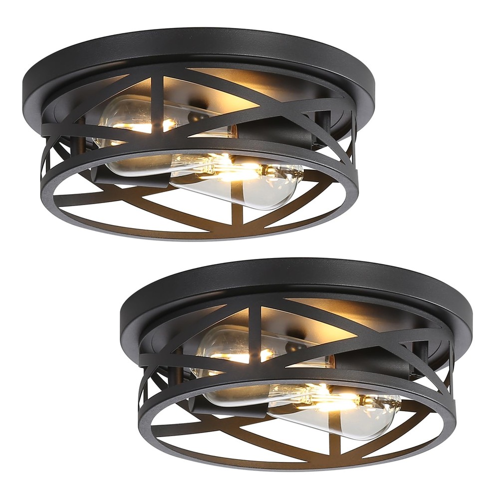 Black Flush Mount Ceiling Light 2-Pack - Industrial Metal Cage Semi-Flush Mount Fixture
