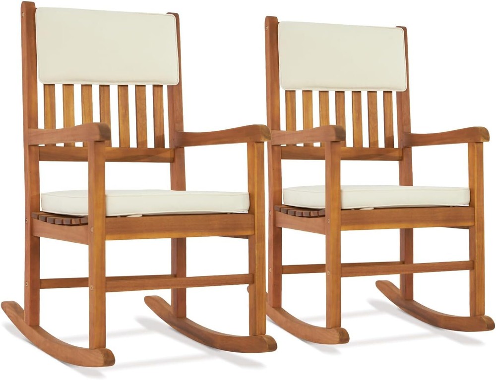 Acacia Wood Outdoor Rocking Chair with Cushions - 550 LB Capacity-image