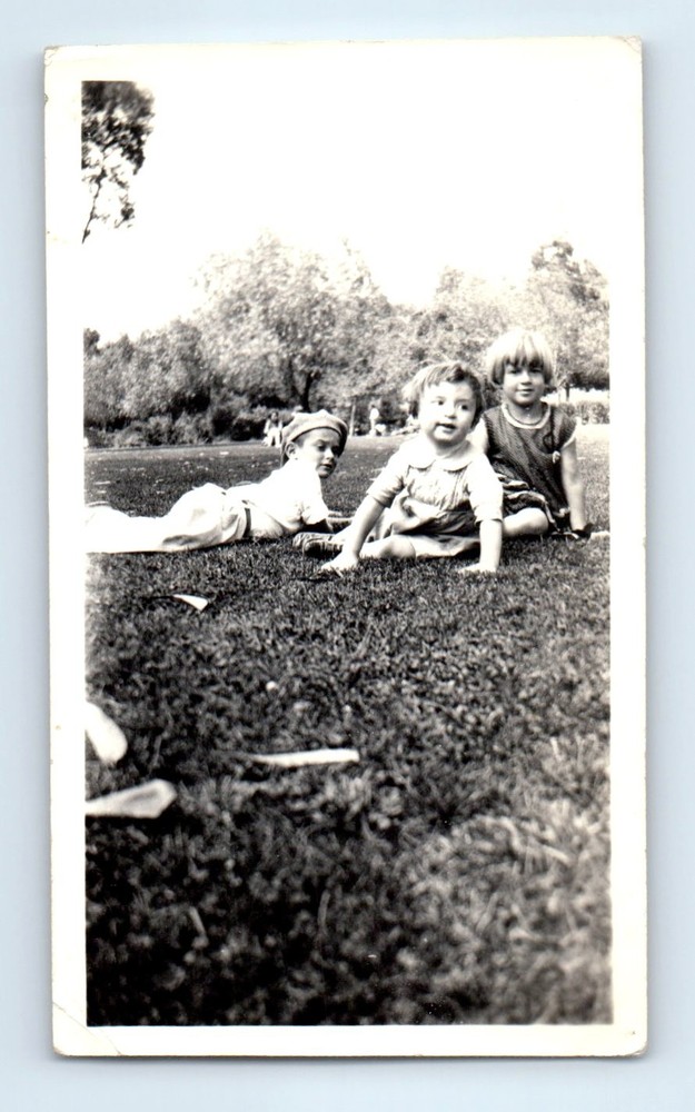 Old Vintage Photo BOYS AND GIRL SITTING ON GRASS IN PARK ANTIQUE SNAPSHOT