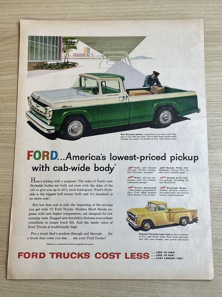 Ford Trucks Cab Wide Flareside Green Yellow 1957 Vintage Print Ad Life Magazine