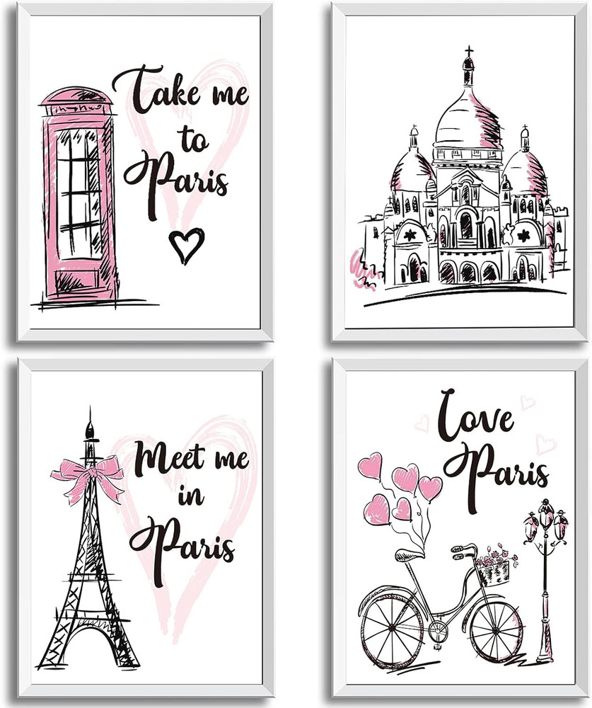 4 Pieces Paris Wall Decor Pink Paris Themed Bedroom Decor Eiffel Tower Wall Art
