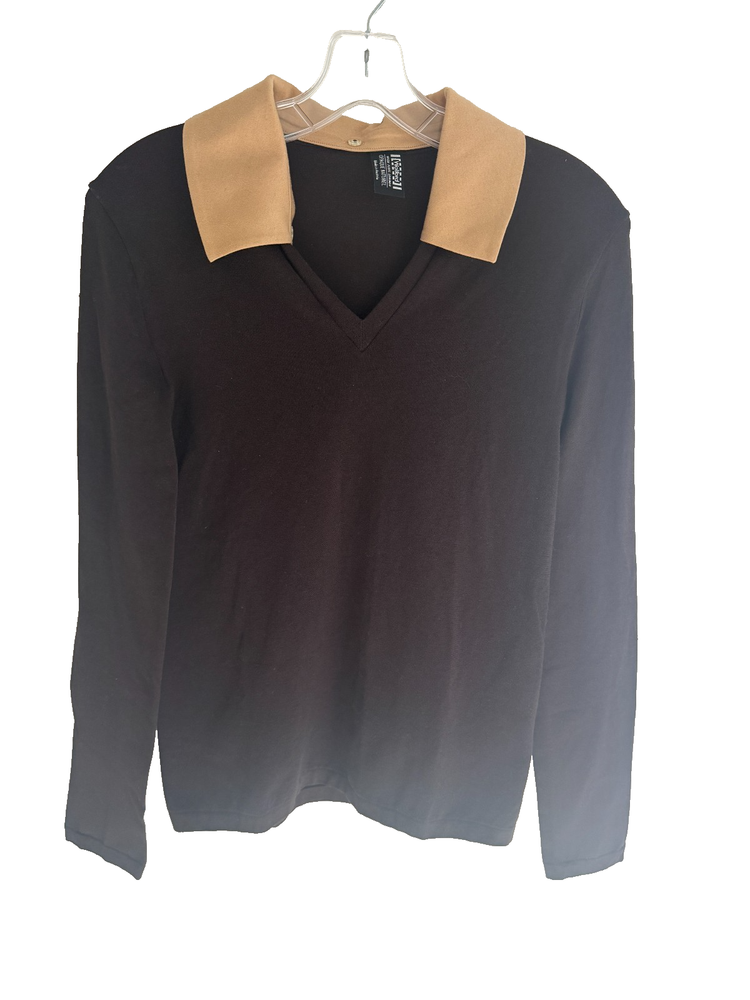 Wolford Austria L Brown Stretch Shirt Top Removable Collar Quiet Luxury Chic