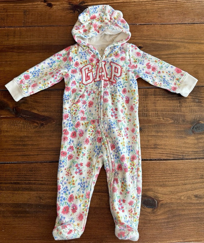 Baby Gap Floral Hooded Fleece One-Piece  6–12 Months  Footed With Ears