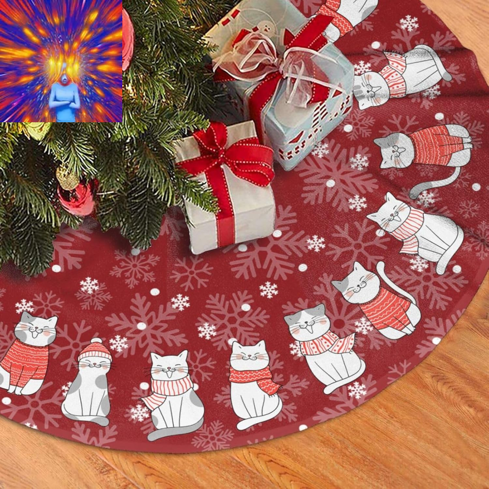 Cat Christmas Tree Skirt Funny Tree Mat for Farmhouse Xmas Holiday Party Decorat