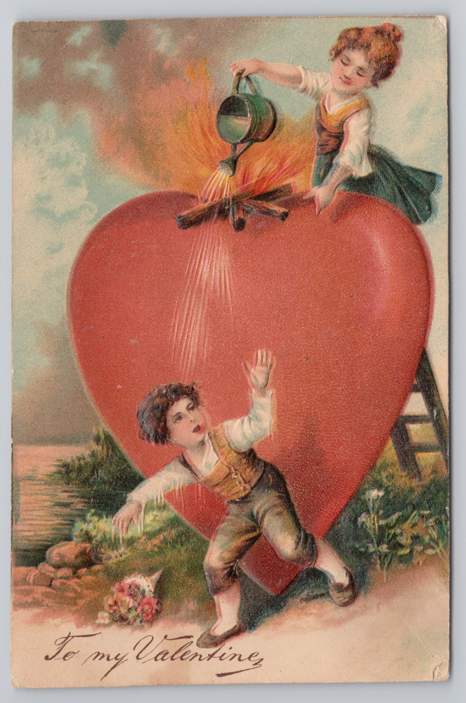 Postcard Embossed 1908 Valentine Boy and Girl With Large Heart
