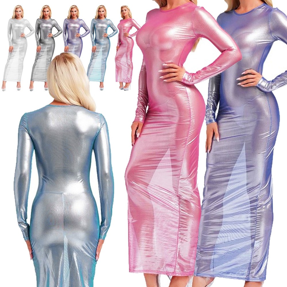 US Women's Sexy See Through Metallic Shiny Long Sleeve Bodycon Dress Clubwear
