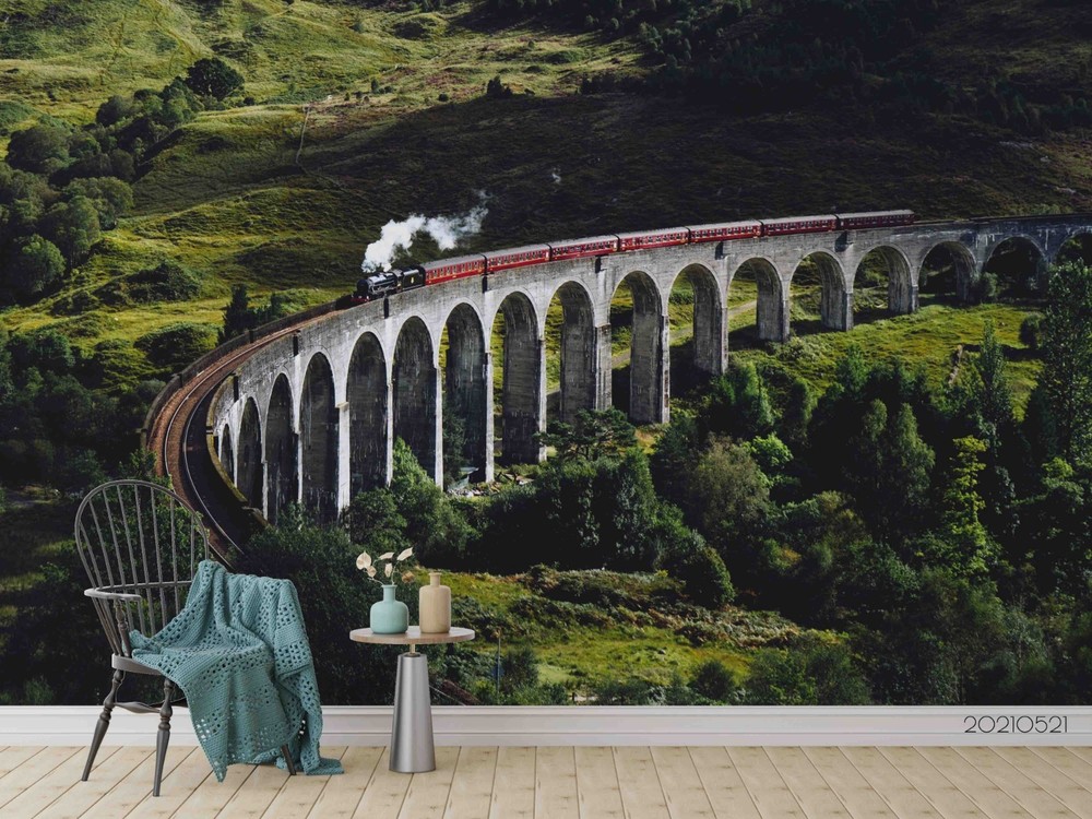3D Mountains Train Railway Landscape Wall Murals Wallpaper Murals Wall Sticker