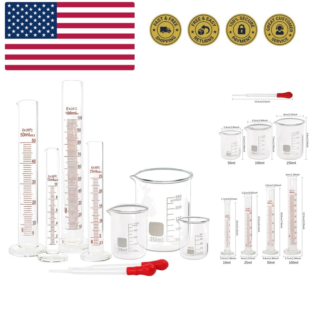 Glass Graduated Cylinder Set 10ml 25ml 50ml 100ml, Thick Glass Beaker Set 50m...