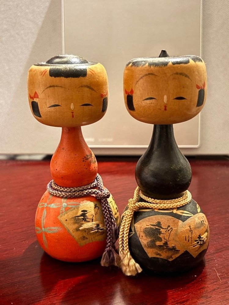 Kokeshi Doll Set of 2 Vintage Traditional Wooden Orange Black 13cm