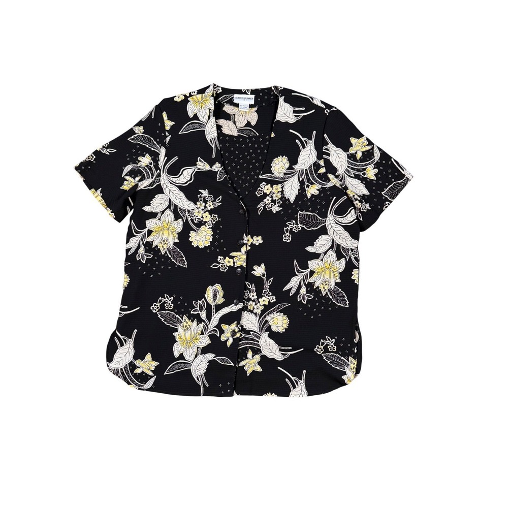 Alfred Dunner Black Floral Button Front Short Sleeve Blouse Top Women's Size 18