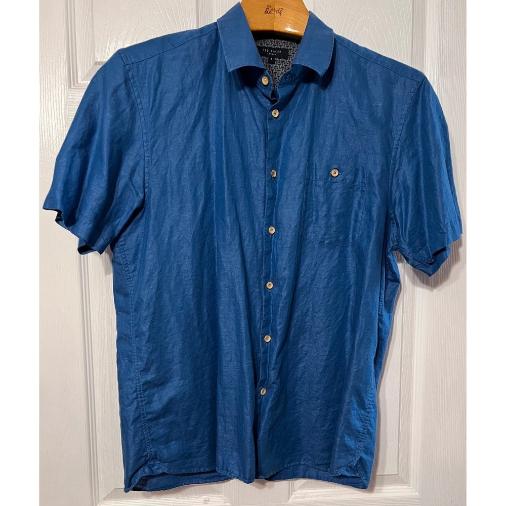 Ted Baker London Mens Blue Linen Blend Short Sleeve Button Down Shirt Size L