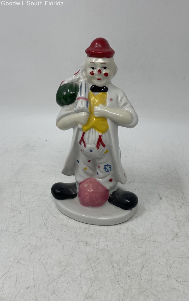 Vintage Porcelain Ceramic Hand-Painted Clown Holding Umbrella Statue Figurine