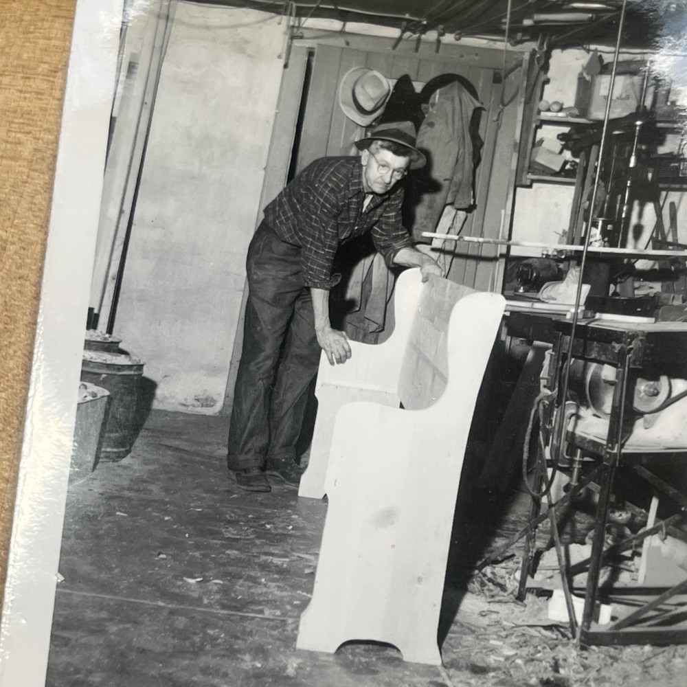 Vintage Photograph Snapshot Man Building Wooden Bench 1940s Workshop Seen - A1